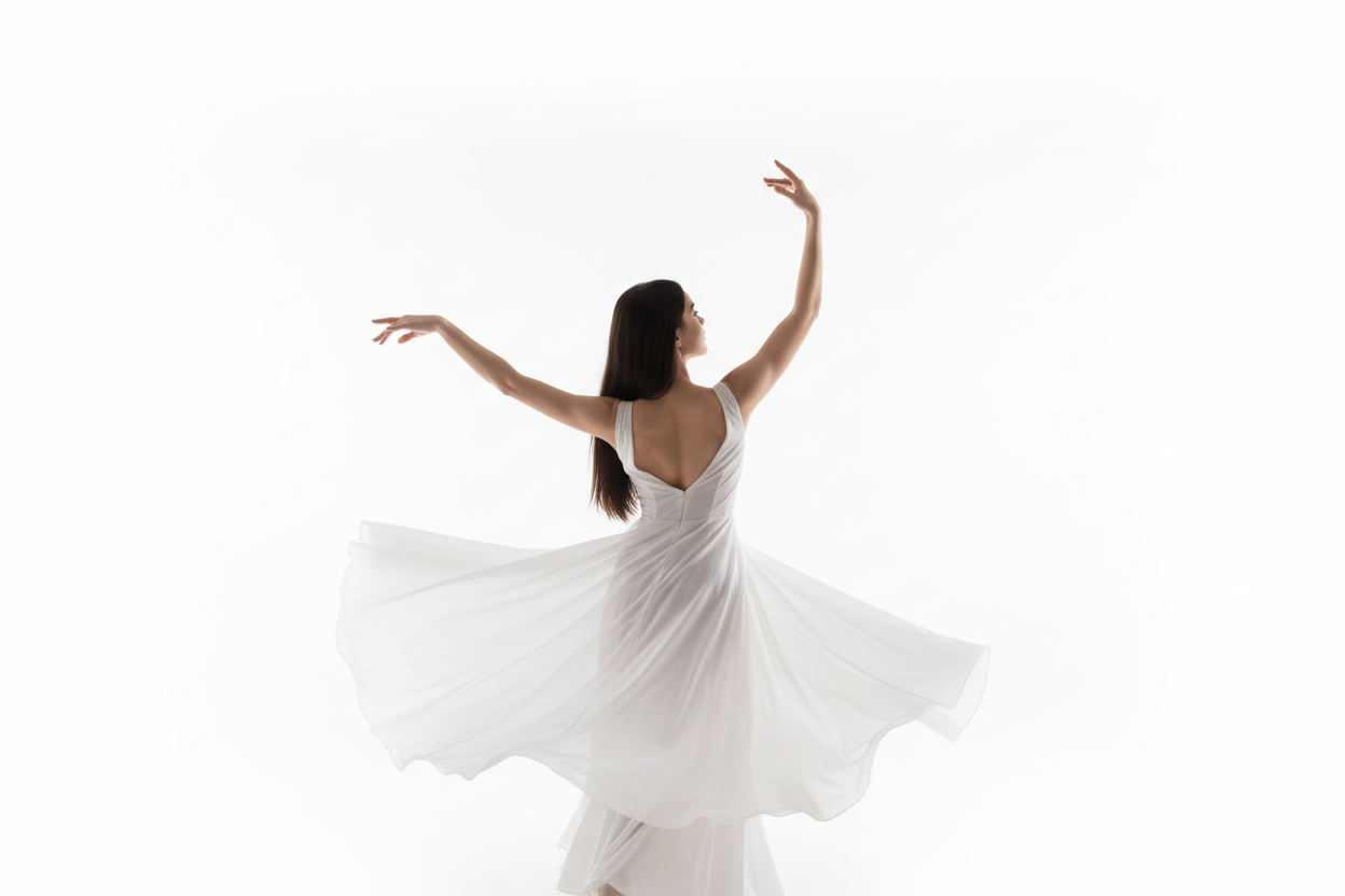 create an image of a woman from the back dancing with elegant arm movements, background white