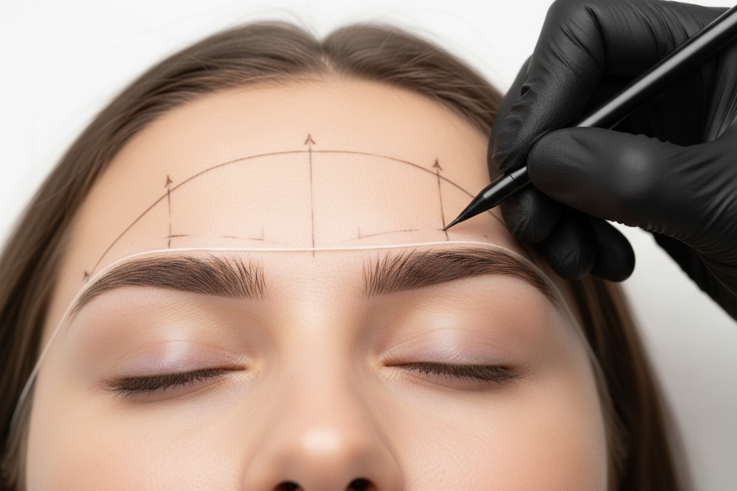 Eyebrow mapping with black gloved hand