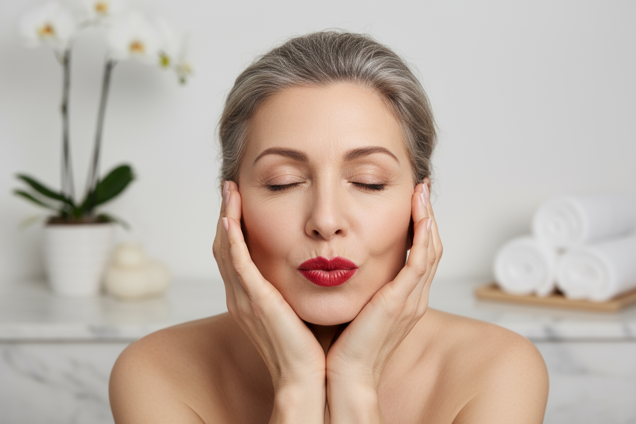 face of a woman in her 50s, eyes closed squinting with her lips puckered like a kiss, both her hands under her chin. she is wearing red lipstick
