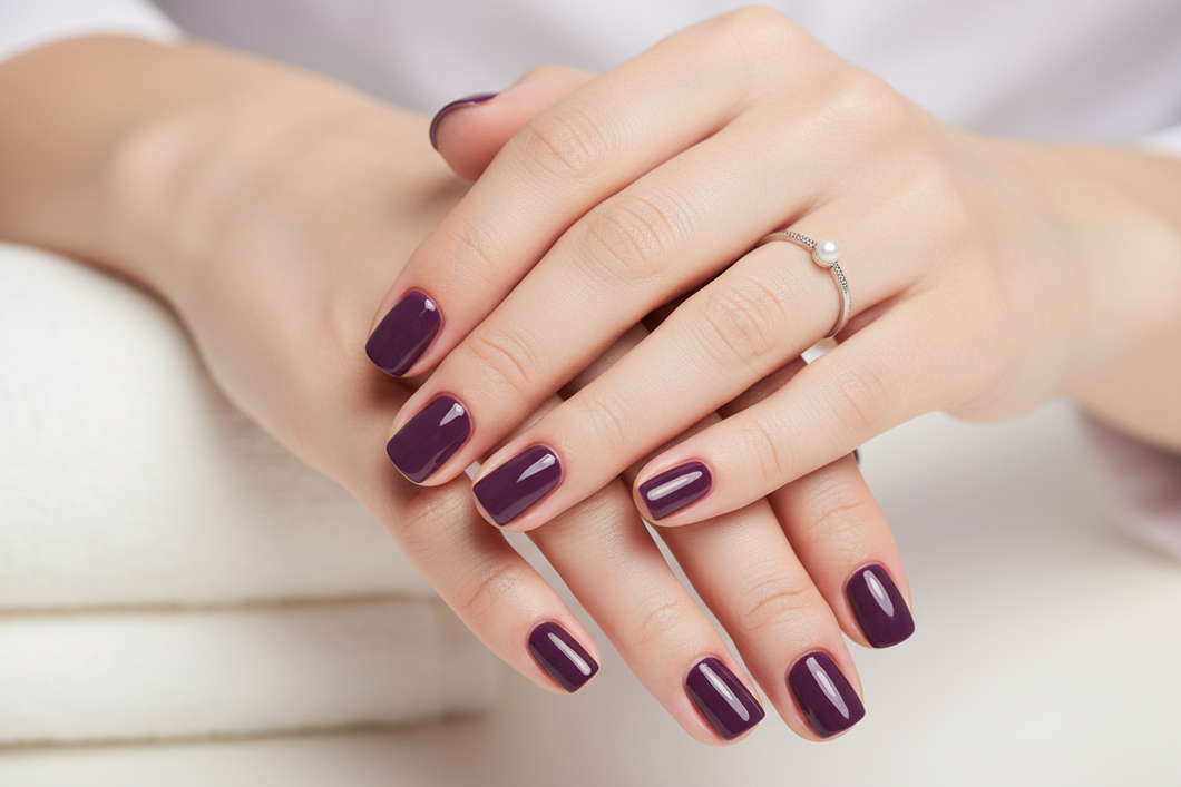 Purple manicure with delicate ring