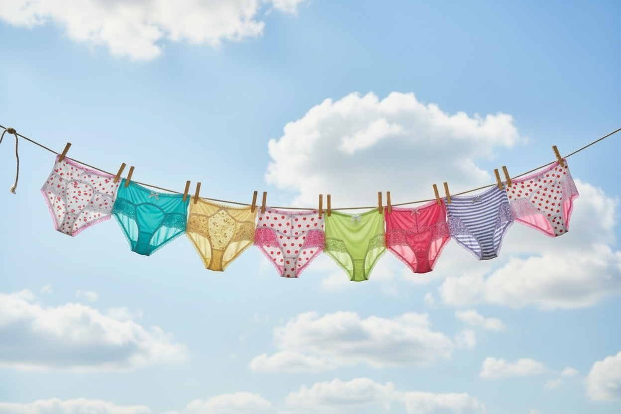 keep this image, make some underpants white with red love hearts, one under pants more bikini style, keep colours vibrant 