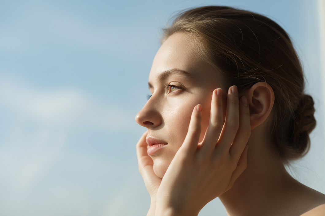 picture of womans face to the side with her hand up resting on her cheek looking wistfully, light blue sky behind her