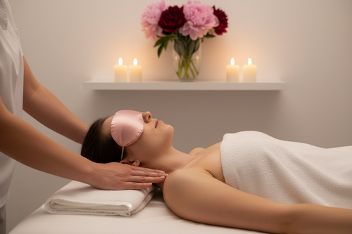 Shoulder massage with pink eye pillow