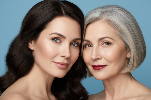 show one woman in her late 40s and one in her 60s, side by side faces touching, the younger woman with dark brown hair and blue eyes and light pink lipstick, the older with bobbed grey hair and brown eyes with dark red lipstick sky blue background