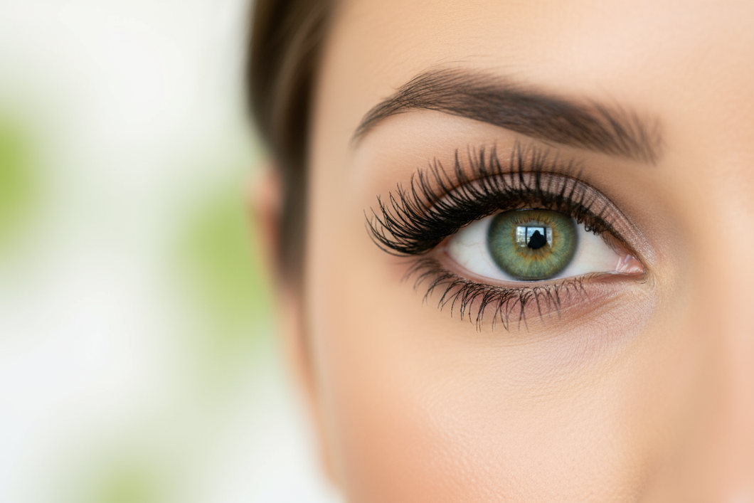 sultry green eyes with black lashes that are curled but not too long in length