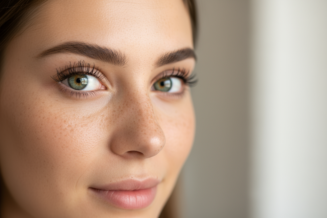 Woman with freckles and naturally curled lashes